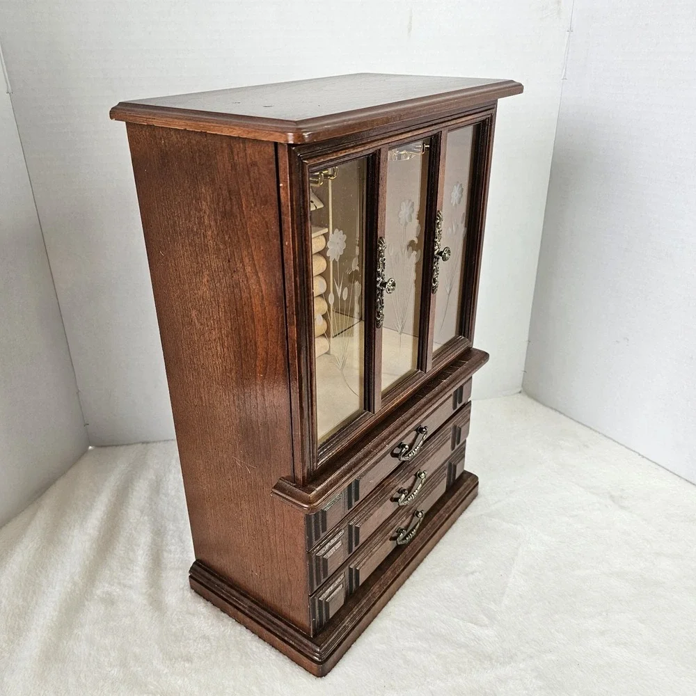 Vintage Wooden Curio Cabinet Jewelry Box With Glass Door 18x12x6.5